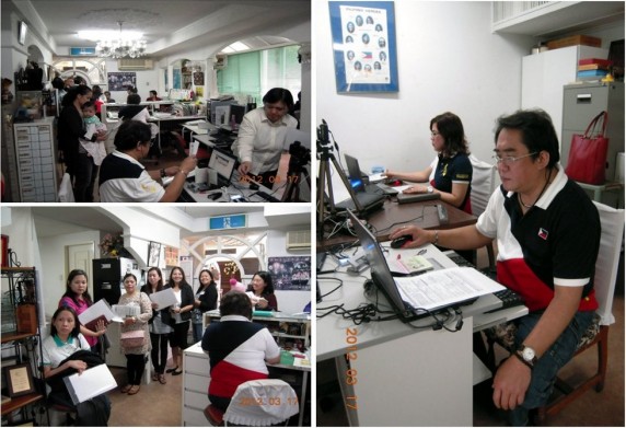 (RIGHT) – Embassy personnel conducting pre-processing of documents before biometric data capture of epassport applicants. (TOP LEFT) – Mobile Data Capture Machine (DCM) operator collects the applicant’s documents for scanning.  (BOTTOM LEFT) – Filipinos line up inside the office of the honorary consulate general awaiting their turn for biometric data capture.