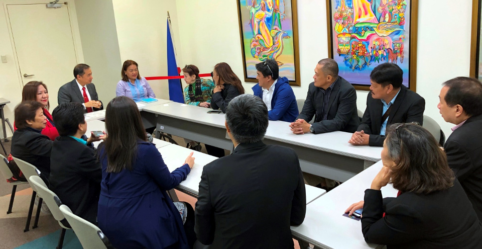 Deputy Chief of Mission Eduardo M.R. Meñez and First Secretary Cassandra Sawadjaan provide an overview of Philippines-Japan bilateral relations during the courtesy call by Makati City barangay officials as part of the Asian Institute of Management’s Project Management Program for Punong Barangays of Makati City from 01 to 04 April 2019 in Tokyo, Japan. Makati City barangay officials will study Japan’s experiences and best practices in disaster preparedness, waste management, and peace and order, especially at the community level.