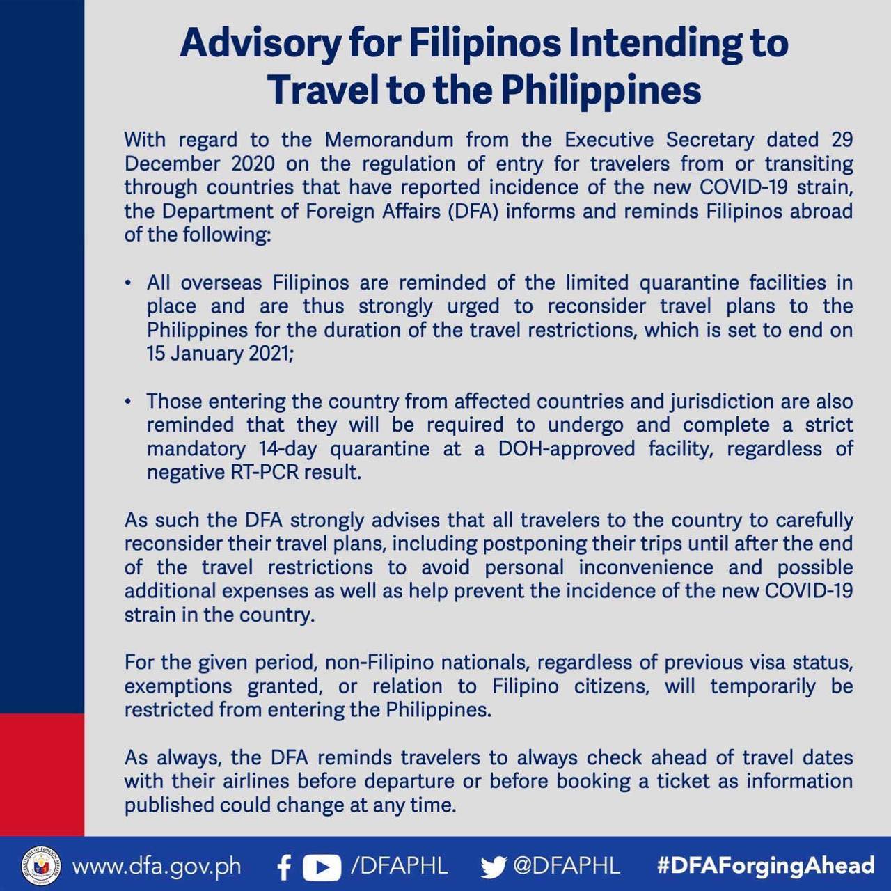 Advisory for Filipinos Intending to Travel to the Philippines