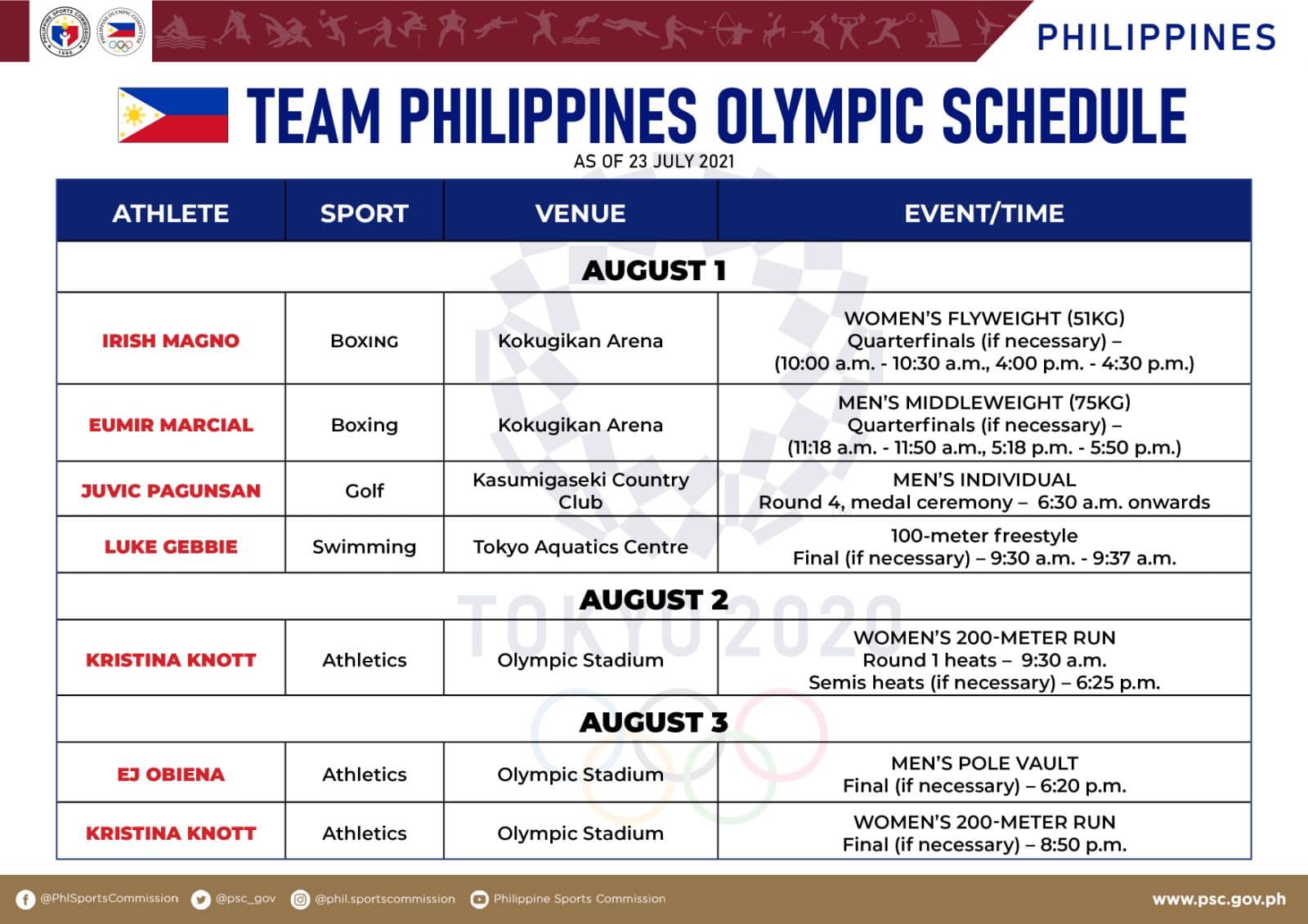 Team Philippines Olympic Schedule Philippine Embassy Tokyo, Japan